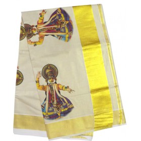 Kerala Traditional Kathakali Tissue Mural Print Kasavu Saree