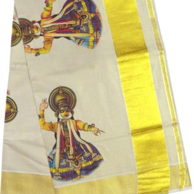 Kerala Traditional Kathakali Tissue Mural Print Kasavu Saree