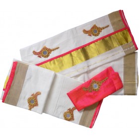 Kerala Tissue Settu Mundu Blouse Valkannadi Design