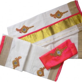 Kerala Tissue Settu Mundu Blouse Valkannadi Design