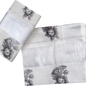 Kerala Tissue Silver Set Mundu With Krishna Design