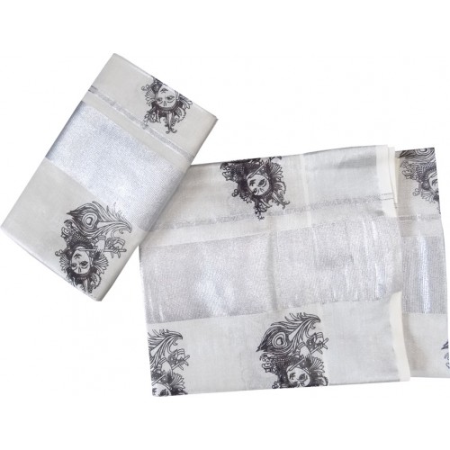 Kerala Tissue Silver Set Mundu With Krishna Design