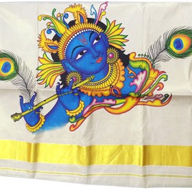 Krishna Mural Print Tissue Kasavu Saree