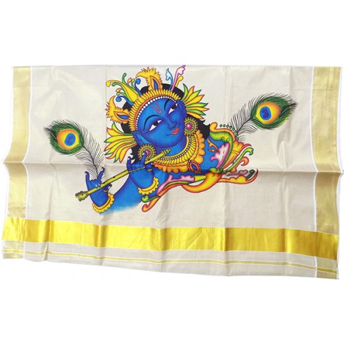 Krishna Mural Print Tissue Kasavu Saree