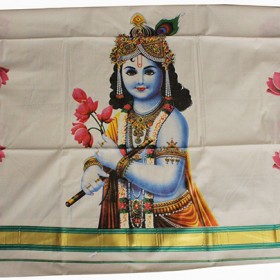 Krishna Mural Print Kasavu Saree