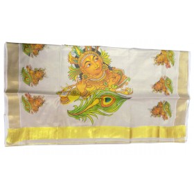 Krishna Mural Printed Kerala Tissue Saree