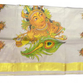 Krishna Mural Printed Kerala Tissue Saree