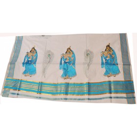 Kerala Traditional Radhakrishna Embroidery Kasavu saree