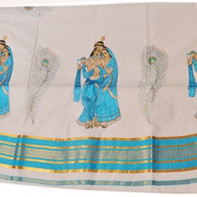 Kerala Traditional Radhakrishna Embroidery Kasavu saree