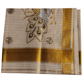 Kerala Traditional Full Striped Embroidery Kasavu Saree