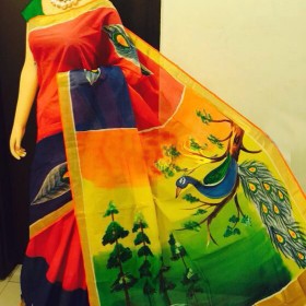 Multi Colored Hand Painted Kerala Saree