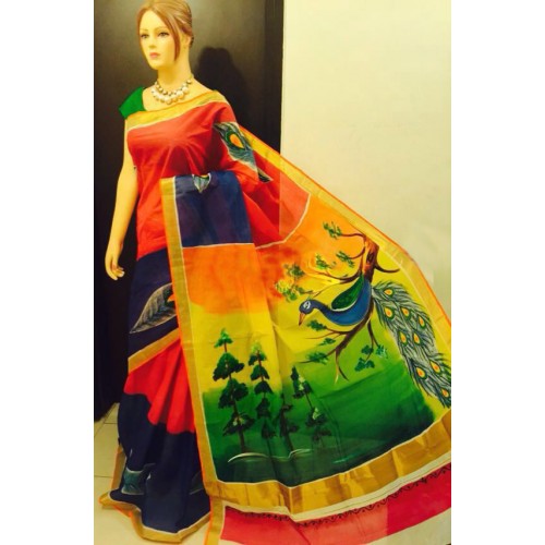 Multi Colored Hand Painted Kerala Saree