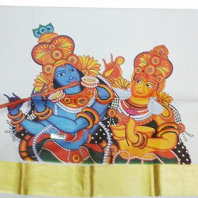 Traditional Mural RadhaKrishna Print Kasavu Saree