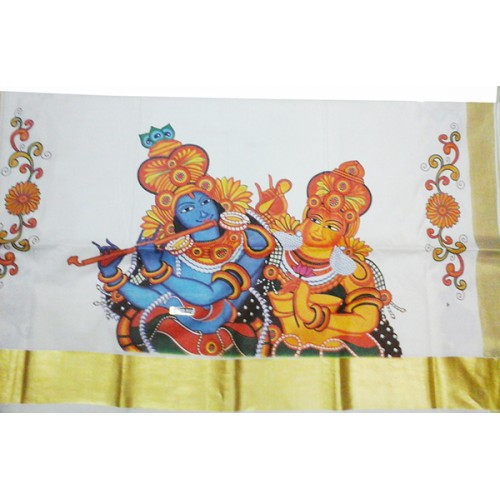 Traditional Mural RadhaKrishna Print Kasavu Saree