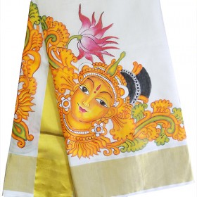 Kerala Kasavu Saree With Devi Mural Painted