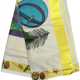 Musical Instruments Mural print Kasavu Saree