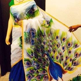 Peacock Hand Painted Kerala Saree