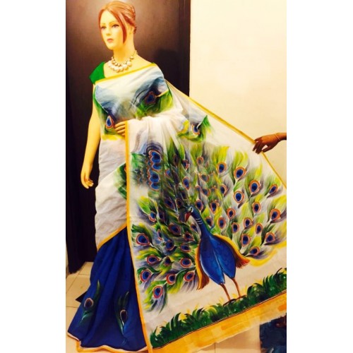 Peacock Hand Painted Kerala Saree