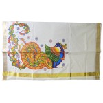 Peacock Mural Print Traditional Kerala Saree