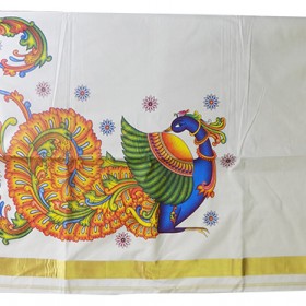 Peacock Mural Print Traditional Kerala Saree