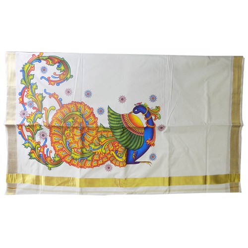 Peacock Mural Print Traditional Kerala Saree