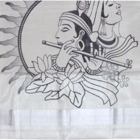 RadhaKrishna Print Silver Tissue Kerala Saree
