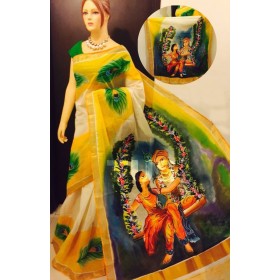 Radha Krishna Hand Painted Kerala Saree 