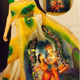 Radha Krishna Hand Painted Kerala Saree 