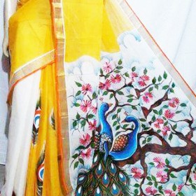 Romantic Peacock Hand Painted Kerala Saree