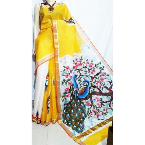 Romantic Peacock Hand Painted Kerala Saree