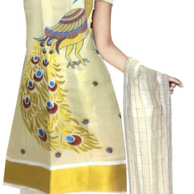 Traditional Tissue Peacock Embroidery Kasavu Churidar