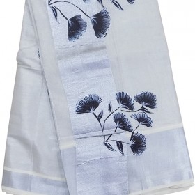 Tissue Silver Flower Paint Kasavu Saree