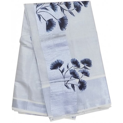 Tissue Silver Flower Paint Kasavu Saree