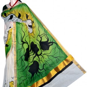 Kerala Saree Hand Painted Tree Design