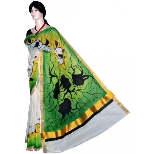 Kerala Saree Hand Painted Tree Design