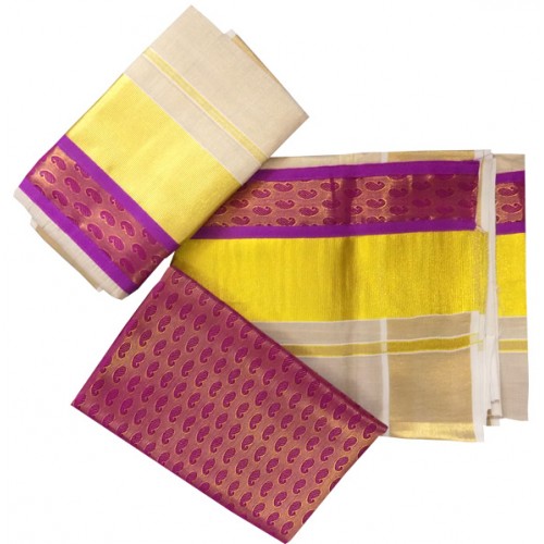 Special Tissue Kasavu Settu Mundu Red Brocade Free Blouse